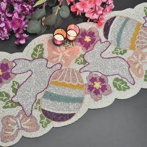 Easter table runner, handmade beaded runner, 13x36&quot;, multicolour, center mat, table mat, home decor gift for her