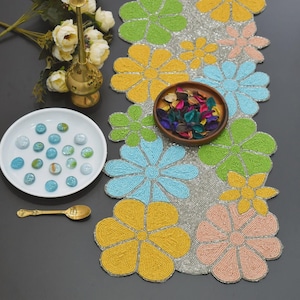 Handmade table runner, beaded table runner, floral bead runner, multicolour, 13x36inch runner