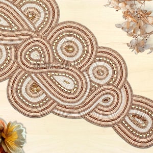 Brown luxury handmade table runner, beaded table runner, brown, gold and white table mat beaded charger 13x36inch