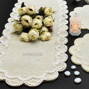 Handmade beaded table runner, pearl white, wedding long table runner 13x36,