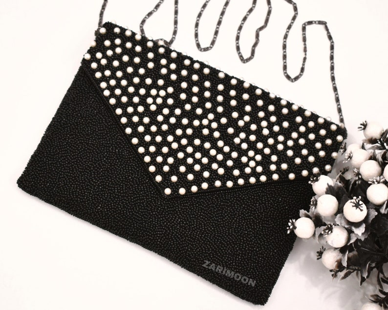 Black White pearl Beaded Clutch, Handmade handbag, Wedding Party Chain Clutch Purse, Crossbody Striped, Birthday Gift For Her image 4