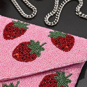 Pink Red Strawberry Beaded Clutch, Handmade Valentine handbag, Wedding Party Chain Clutch Purse, Crossbody Striped, Birthday Gift For Her image 3