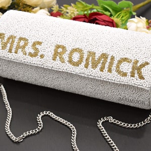 MRS. LAST NAME Custom Beaded Clutch, White Gold Beaded Purse Customized Party Chain Hand Beaded Clutch Bride Wedding Birthday Gift For Her image 5