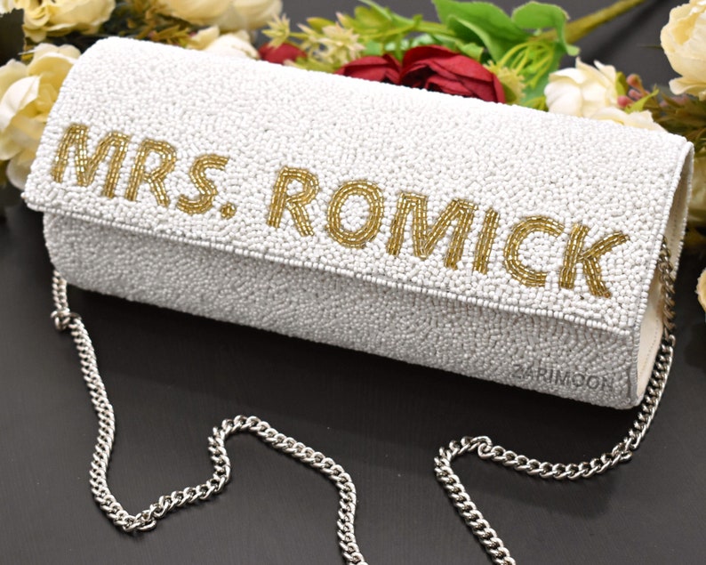 MRS. LAST NAME Custom Beaded Clutch, White Gold Beaded Purse Customized Party Chain Hand Beaded Clutch Bride Wedding Birthday Gift For Her image 5