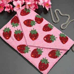 Pink Red Strawberry Beaded Clutch, Handmade Valentine handbag, Wedding Party Chain Clutch Purse, Crossbody Striped, Birthday Gift For Her image 2