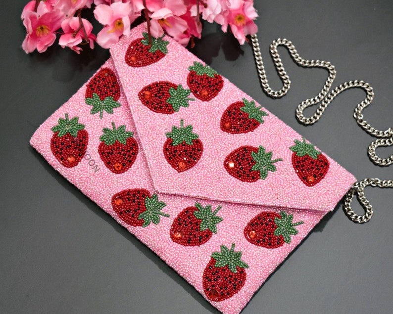 Pink Red Strawberry Beaded Clutch, Handmade Valentine handbag, Wedding Party Chain Clutch Purse, Crossbody Striped, Birthday Gift For Her image 2