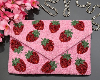 Pink Red Strawberry Beaded Clutch, Handmade Valentine handbag, Wedding Party Chain Clutch Purse, Crossbody Striped, Birthday Gift For Her