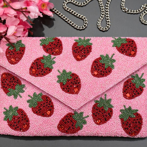 Pink Red Strawberry Beaded Clutch, Handmade Valentine handbag, Wedding Party Chain Clutch Purse, Crossbody Striped, Birthday Gift For Her