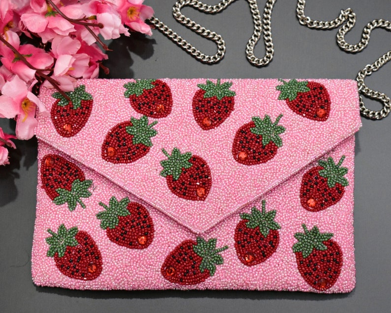 Pink Red Strawberry Beaded Clutch, Handmade Valentine handbag, Wedding Party Chain Clutch Purse, Crossbody Striped, Birthday Gift For Her image 1