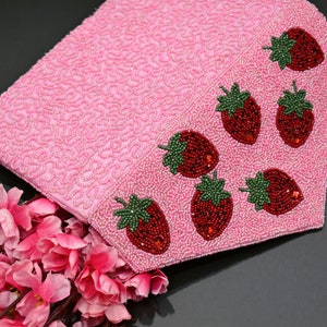 Pink Red Strawberry Beaded Clutch, Handmade Valentine handbag, Wedding Party Chain Clutch Purse, Crossbody Striped, Birthday Gift For Her image 7