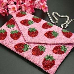 Pink Red Strawberry Beaded Clutch, Handmade Valentine handbag, Wedding Party Chain Clutch Purse, Crossbody Striped, Birthday Gift For Her image 4