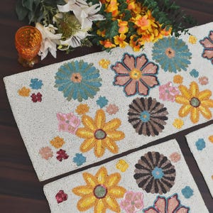 handmade bead table runner, white multicolor, floral beaded mat, hand beaded runner, 13x36, 13x60, 13,72 inch and XL size long table runner