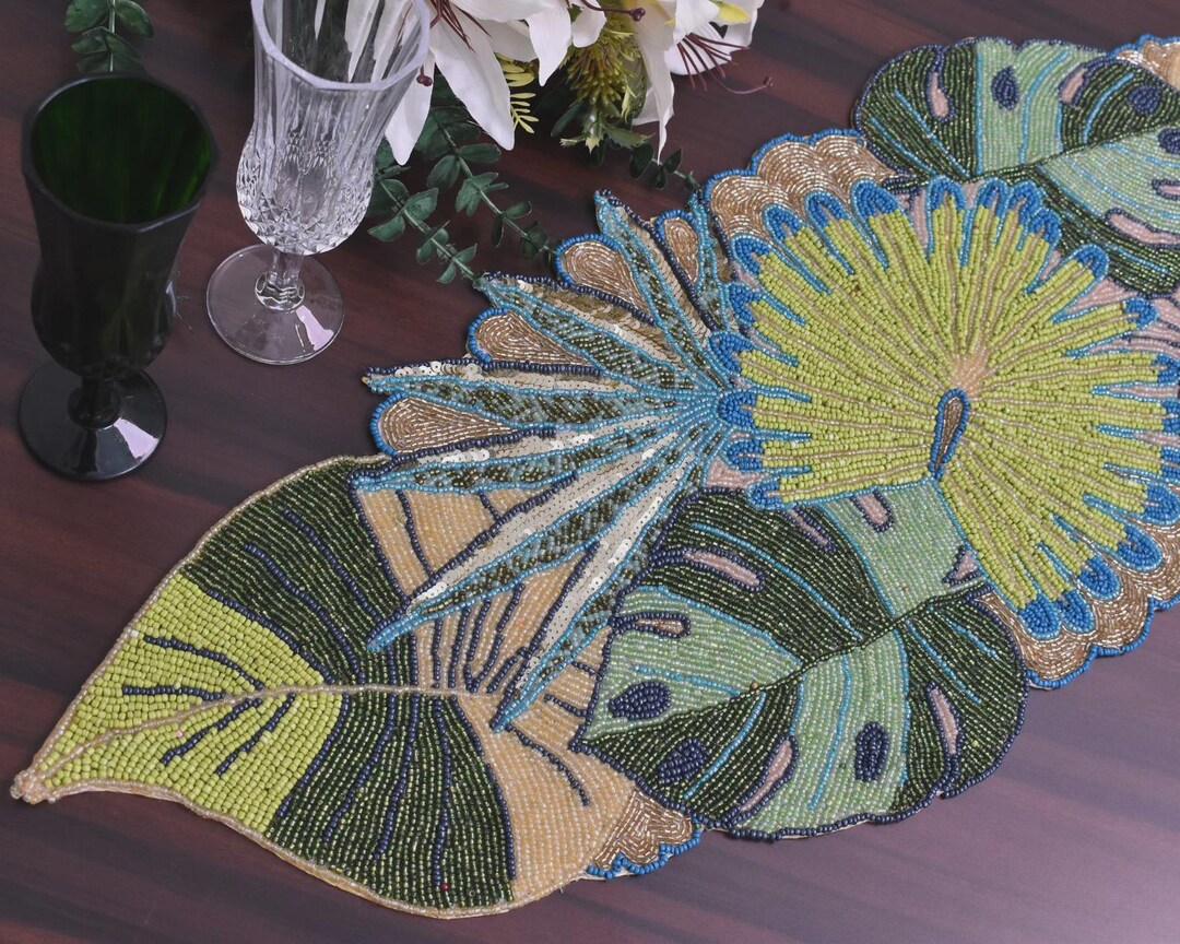 Handmade Table Runner, Green Floral and Leaf Spring Beaded Table Runner ...