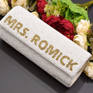 MRS. LAST NAME Custom Beaded Clutch, White Gold Beaded Purse Customized Party Chain Hand Beaded Clutch Bride Wedding Birthday Gift For Her image 1