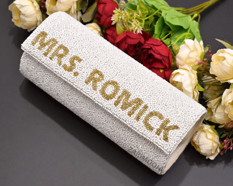 MRS. LAST NAME Custom Beaded Clutch, White Gold Beaded Purse Customized Party Chain Hand Beaded Clutch Bride Wedding Birthday Gift For Her image 1