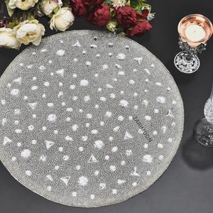 handmade beaded placemat, luxury silver crystals charger, beaded table mat, table decor centrepiece, gift for her, embroidered