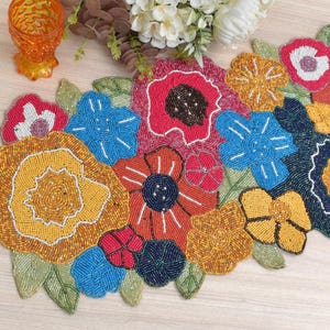 Handmade Bead table runner, multicolour floral luxury beaded mat, hand beaded runner, 13x36 inch table runner