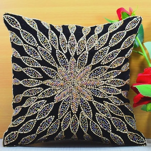 Black Golden Beaded Throw Pillow Cover Luxury Contemporary Modern Toss Pillow Hand Embroidered Embellished Custom Accent Personalised Pillow