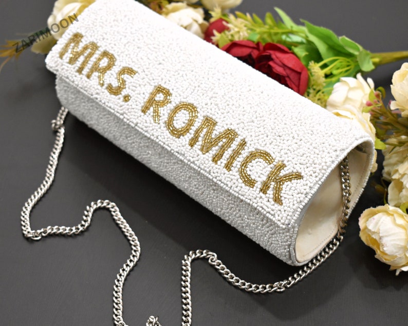 MRS. LAST NAME Custom Beaded Clutch, White Gold Beaded Purse Customized Party Chain Hand Beaded Clutch Bride Wedding Birthday Gift For Her image 2