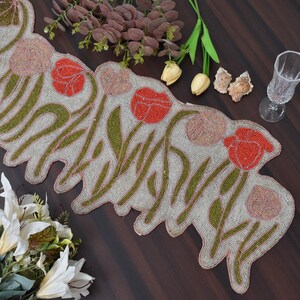 Handmade table runner, beaded table runner, floral tulip multi color runner, luxury beaded mat, hand beaded runner, Table Mat, Gift For Her