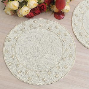 Pearl white beaded placemat, luxury placemat, table mat, charger plate, gift for her, table decor, mothers day gift, home decoration
