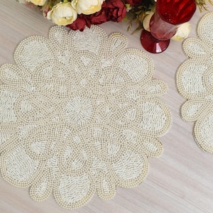 Pearl white beaded placemat, luxury placemat, table mat, charger plate, gift for her, table decor, mothers day gift, home decoration