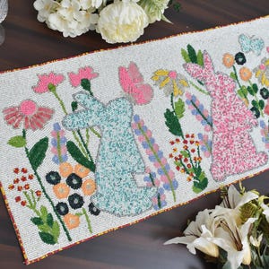 Handmade table runner, easter bunny eggs beaded table runner, multicolor, luxury beaded mat, hand beaded runner, Table Mat, Gift For Her