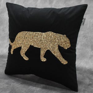 Black Gold Beaded Pillow Cover Gold Tiger Luxury Velvet Modern Pillow Hand Embroidered Embellished Accent Cushion Handmade