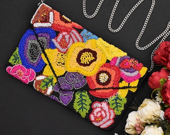 Schwarze Blumen Perlen Clutch, Multicolor handgemachte Valentine Handtasche Hochzeit Kette Clutch Geldbörse, Crossbody gestreift, Geburtstagsgeschenk für sie