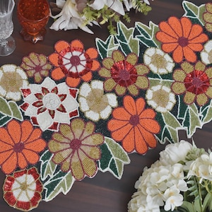 Handmade table runner, floral spring beaded table runner multicolor, summer beaded mat, hand beaded runner, Table Mat, Gift For Her