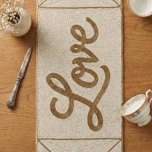 Handmade White and Gold Love Letter Beaded Table Runner, Luxury Valentine's Day Heart Decor, Cream Artisan Love Script Beadwork Runner