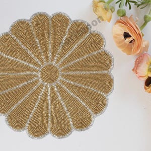 Gold handmade beaded placemat, beaded charger, beaded table mat, silver, round mat, gift for her, embroidered decorative placemat