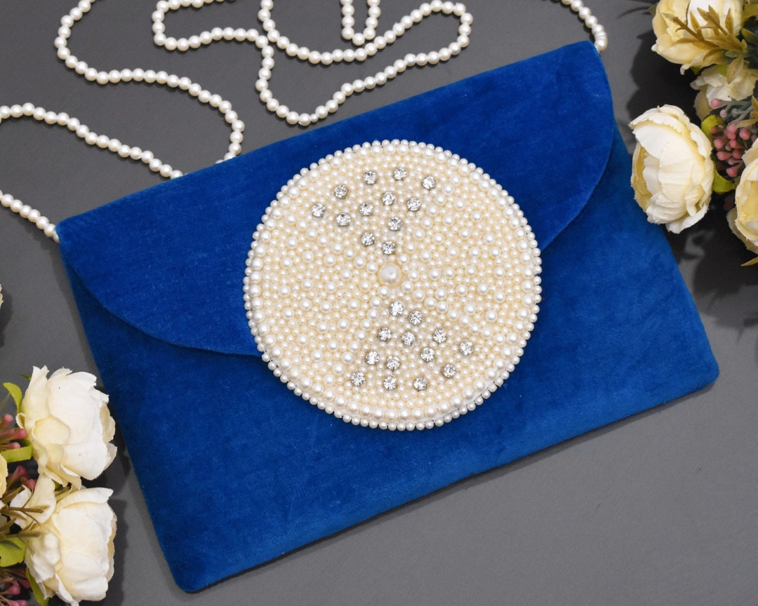 Pearl Beaded Clutch Bag Blue Gems Bead Crossbody Bag Etsy