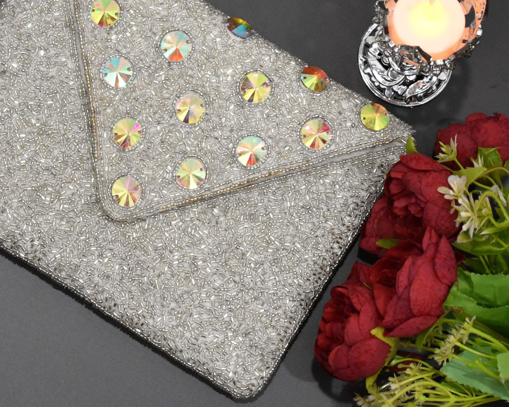 Silver Beaded Clutch Bag, Bead Crystals Crossbody Bag, Embroidered