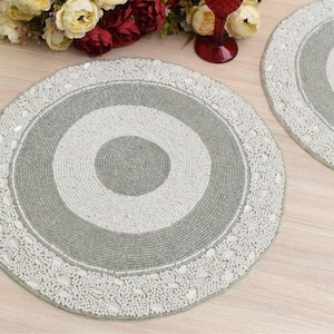 Handmade beaded placemat, white silver placemat, table mat, charger plate, gift for her, table decor, mothers day gift, home decoration