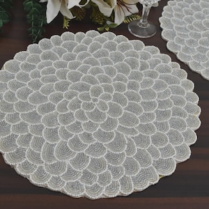 Handmade beaded placemat, white silver floral table mat, charger plate, gift for her, table decor, mothers day gift, home decoration