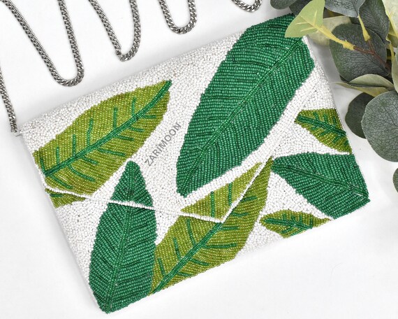 Green White Leaf Beaded Clutch, Handmade Valentine Handbag  display picture 1