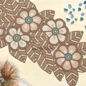 Brown floral handmade table runner, beaded table runner, white, brown and white table mat beaded charger 13x36inch