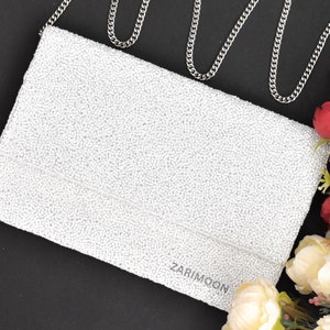 White Beaded Clutch, Handmade Valentine handbag Luxury Wedding Party Chain Clutch Purse Crossbody Mother&#39;s day Birthday Gift For Her