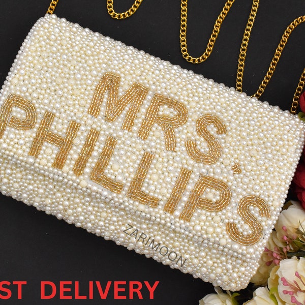 Mrs. Last Name, Bride Clutch, Pearl Beaded Personalized Name Purse Monogram Bead Mrs Clutch Custom Beaded Bachelorette Purse Gift For Her