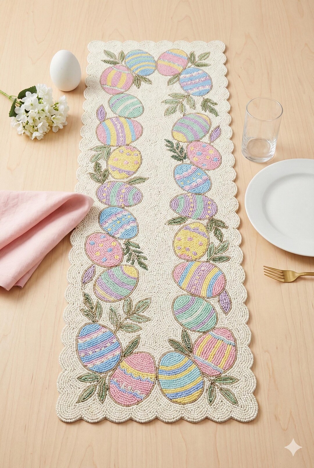 Handmade Easter Egg Beaded Table Runner in Pastel Pink, Blue & Yellow ...