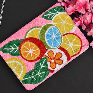 Multicolor Lemon Beaded Clutch, Handmade Pink handbag, Wedding Party Summer Clutch Purse, Crossbody mother&#39;s day, Birthday Gift For Her