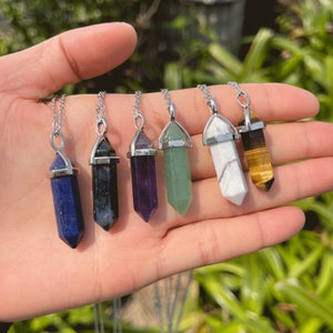 Crystal Point Necklace, Energy Crystal Necklace, Gift for Her, Crystal Jewelry, Rose Quartz, Amethyst, Tiger Eye, Lapis, Moss Agate