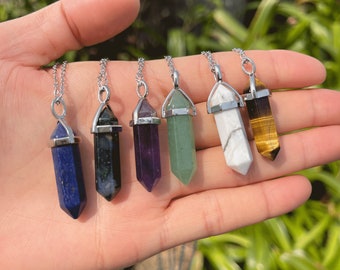 Crystal Point Necklace, Energy Crystal Necklace, Gift for Her, Crystal Jewelry, Rose Quartz, Amethyst, Tiger Eye, Lapis, Moss Agate