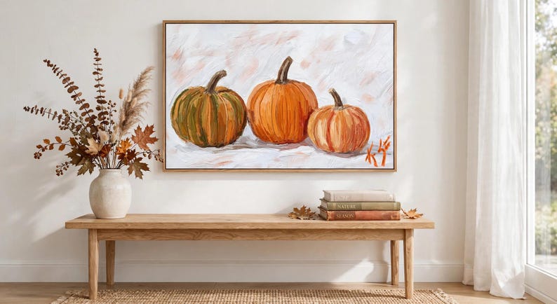 Kunstprint met drie pompoenen, herfstschilderij, ingelijst canvas 16x24, herfstdecoratie met pompoenen, rustieke Thanksgiving-decoratie, Halloween-cadeau afbeelding 4