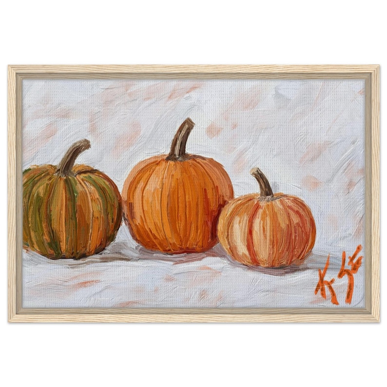 Kunstprint met drie pompoenen, herfstschilderij, ingelijst canvas 16x24, herfstdecoratie met pompoenen, rustieke Thanksgiving-decoratie, Halloween-cadeau afbeelding 3
