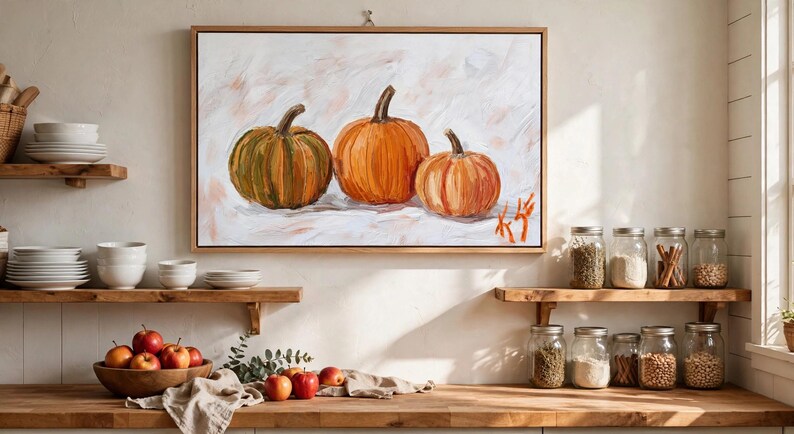 Kunstprint met drie pompoenen, herfstschilderij, ingelijst canvas 16x24, herfstdecoratie met pompoenen, rustieke Thanksgiving-decoratie, Halloween-cadeau afbeelding 6