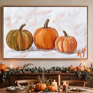 Kunstprint met drie pompoenen, herfstschilderij, ingelijst canvas 16x24, herfstdecoratie met pompoenen, rustieke Thanksgiving-decoratie, Halloween-cadeau afbeelding 1
