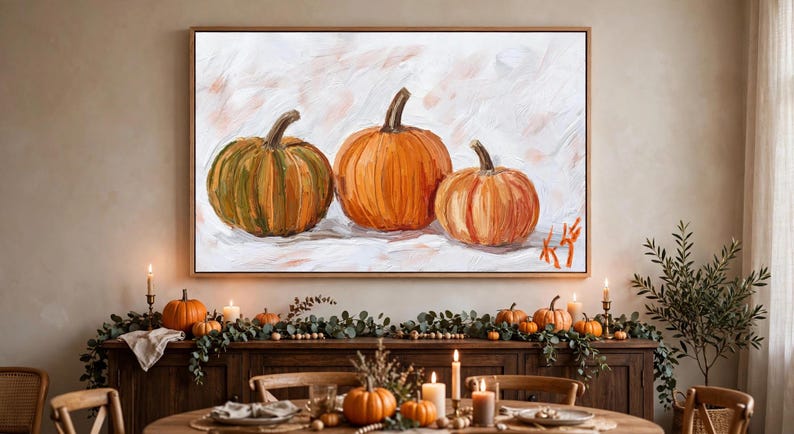 Kunstprint met drie pompoenen, herfstschilderij, ingelijst canvas 16x24, herfstdecoratie met pompoenen, rustieke Thanksgiving-decoratie, Halloween-cadeau afbeelding 1