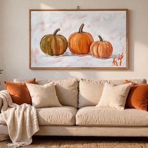 Kunstprint met drie pompoenen, herfstschilderij, ingelijst canvas 16x24, herfstdecoratie met pompoenen, rustieke Thanksgiving-decoratie, Halloween-cadeau afbeelding 2